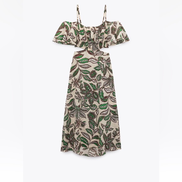 Zara Dresses & Skirts - 🆕 🍃 NWT ZARA Cutout Leaf Print Maxi Dress | Green, Brown & Tan | Women’s Small